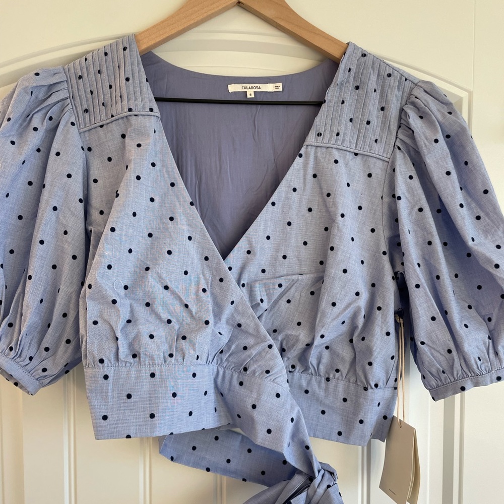 Tularosa Revolve Capri Puff Sleeves Wrap Crop Top Polka Dot Purple small